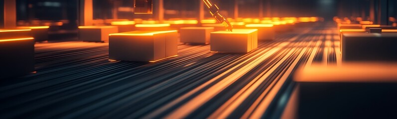 Poster - A futuristic scene showcasing glowing orange blocks on a textured surface, suggesting advanced technology or a manufacturing process.
