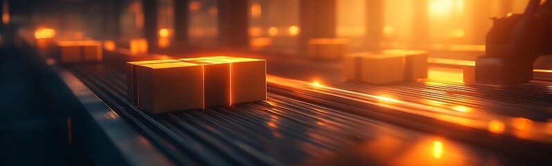 Poster - A serene, glowing industrial scene with illuminated boxes on a conveyor belt, showcasing warm light and an atmospheric, productive environment.