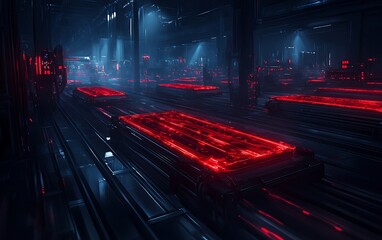 Poster - A dark, futuristic scene featuring illuminated structures with red lights, set in a high-tech industrial environment.
