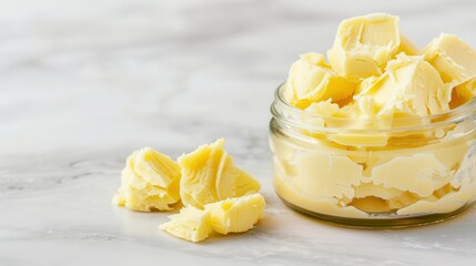 Wall Mural - A glass jar filled with creamy butter chunks on a marble surface, showcasing a rich, smooth texture perfect for cooking and baking.