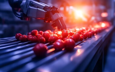 Poster - A robotic arm sorts red tomatoes on a conveyor belt in a high-tech facility, showcasing automation in agricultural food processing.