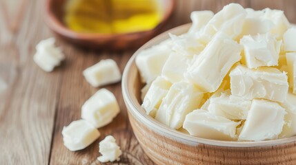 Wall Mural - A bowl of fresh, cubed cheese sits on a wooden table, accompanied by a small dish of olive oil, inviting a delicious culinary experience.