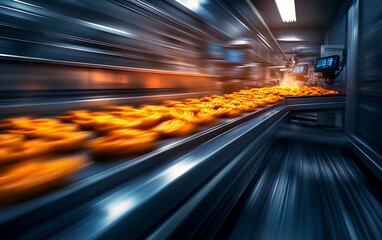 Poster - A dynamic scene of orange objects moving rapidly on a conveyor belt in a factory setting, highlighting industrial efficiency and automation.