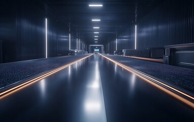 Leinwandbilder - A futuristic warehouse interior featuring a long, illuminated conveyor belt surrounded by dark, glossy surfaces.