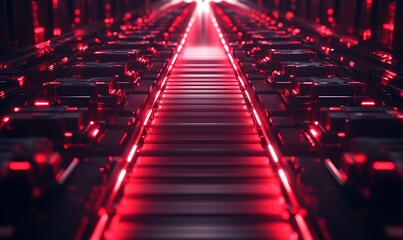 Poster - A futuristic perspective of a glowing red pathway lined with intricate structures, evoking a sense of technology and depth.