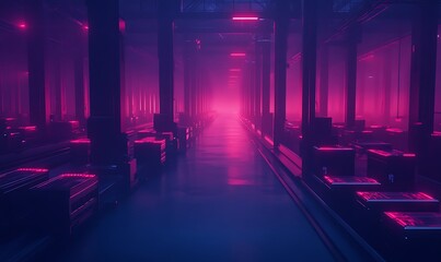Poster - A futuristic corridor illuminated by vibrant pink and purple lights, creating a mysterious and immersive atmosphere.