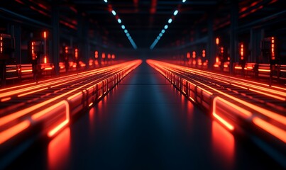 Poster - A futuristic corridor illuminated by vibrant red lights, evoking a high-tech, sci-fi atmosphere.