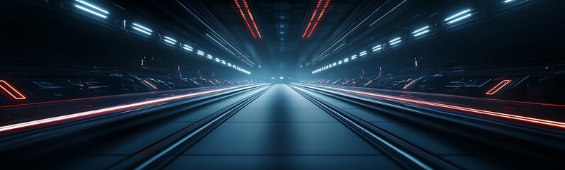 Poster - A futuristic tunnel illuminated by vibrant lights, creating a sense of depth and motion toward a bright horizon.