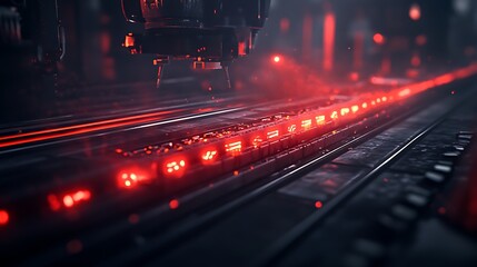 Leinwandbilder - A close-up of a futuristic scene with red lights glowing along a metallic surface, creating a visually striking ambiance.