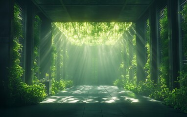 Leinwandbilder - A serene, sunlit passageway enveloped in vibrant green foliage, creating a tranquil atmosphere filled with natural light and beauty.