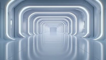 Poster - A modern, illuminated corridor with sleek arches and a reflective floor, creating a futuristic and minimalistic atmosphere.