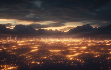 Poster - A dramatic, illuminated landscape at dusk, showcasing a vast expanse of lights amidst mountains and a moody sky.