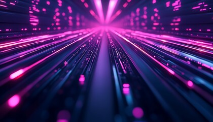 Leinwandbilder - A vibrant digital landscape with lines of light converging towards a central point, showcasing a futuristic, abstract design in shades of purple and blue.