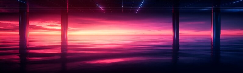 Aufkleber - A vibrant, glowing horizon blends hues of pink and blue, reflecting on tranquil water beneath abstract pillars.