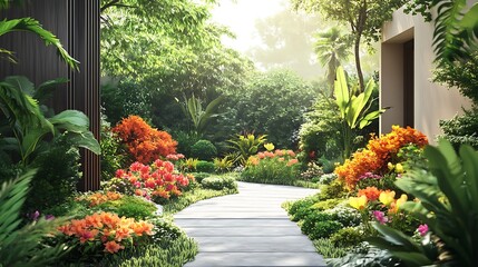 Canvas Print - A vibrant garden pathway surrounded by colorful flowers and lush greenery, inviting exploration and tranquility.