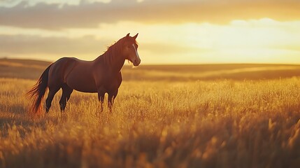 Canvas Print - A horse stands gracefully in a golden field during sunset, capturing the beauty of nature.