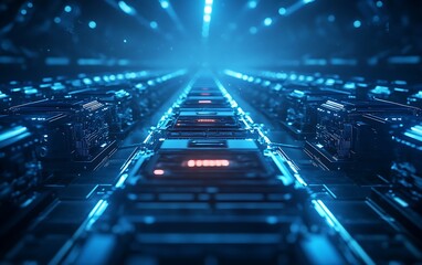 Leinwandbilder - A futuristic, blue-lit pathway through a series of intricate circuit boards and technology, evoking a sense of advanced digital space.