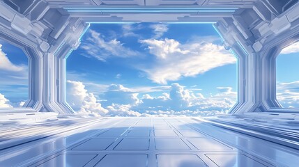 Poster - A sleek, futuristic room opens to a bright sky filled with fluffy clouds, merging technology and nature in a serene, infinite space.