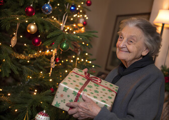 An elderly woman is holding a gift near Christmas tree