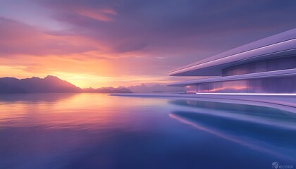 Fototapete - A serene landscape featuring water and mountains at sunset, illuminated by a colorful sky and a modern architectural structure.