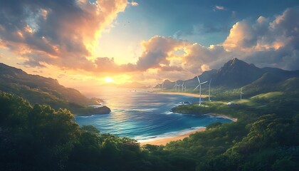 Poster - A serene landscape featuring a sunset over the ocean, mountains in the background, and lush greenery, complemented by wind turbines.