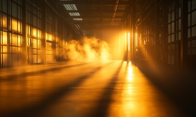 Poster - A serene industrial space illuminated by golden sunlight and haze, creating a dramatic contrast of light and shadows on the floor.