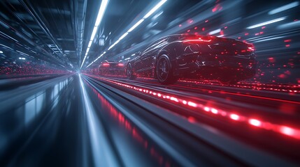 Poster - A futuristic car races through a light-filled tunnel, showcasing a blend of speed and modern design with vibrant red and blue neon lights.