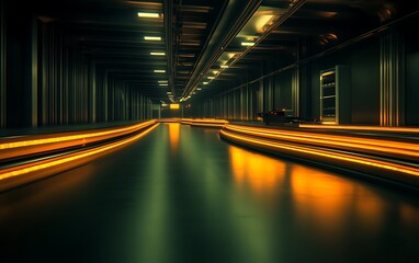 Poster - A dimly lit corridor with glowing orange lights creating dynamic lines along the floor, evoking a futuristic and energetic atmosphere.