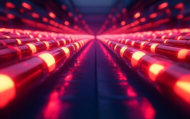 Poster - A futuristic view of glowing red tubes lined up in a dark corridor, creating an ambient and mesmerizing visual effect.