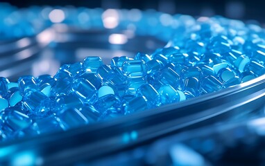 Aufkleber - A close-up view of glossy blue capsules arranged in a circular pattern, highlighting their vibrant color and smooth texture against a blurred background.