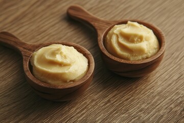 Wall Mural - Palm oil shea butter. Two wooden spoons hold creamy, yellowish spread, resting on a wooden surface, showcasing a rich, smooth texture perfect for culinary use.