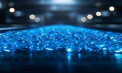 Poster - A close-up view of blue gel capsules arranged in a line, illuminated by soft lighting, creating a calming and modern atmosphere.