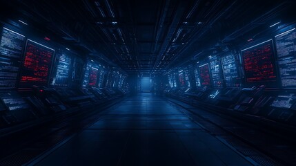Poster - A dimly lit corridor with glowing blue and red lights, featuring futuristic technology and a mysterious atmosphere.