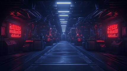 Poster - A futuristic corridor featuring vibrant red lights and sleek technological elements, evoking a sci-fi atmosphere.