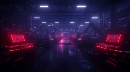 Poster - A futuristic, neon-lit industrial scene featuring robotic machinery with glowing red elements in a dark, high-tech environment.