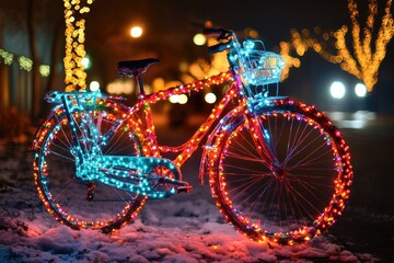 Wall Mural - glowing bicycle decorated with christmas lights in winter night