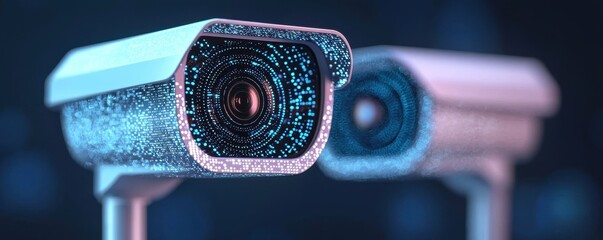 Poster - Two modern security cameras focus on a digital data background, symbolizing surveillance and technology in a high-tech environment.
