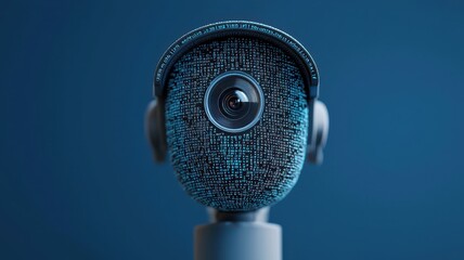 Poster - A futuristic digital face consisting of binary data, featuring a prominent camera lens, set against a blue background.