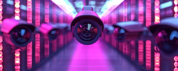 Poster - A futuristic corridor filled with surveillance cameras illuminated by vibrant pink and blue lights.