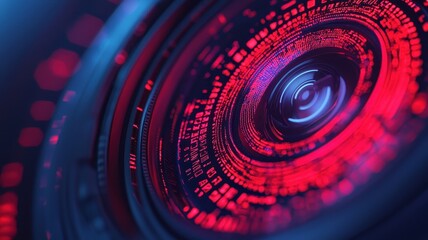 Poster - A vivid, digital close-up focusing on a camera lens with swirling patterns of red and blue light, showcasing a futuristic design.