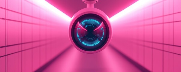 Poster - A futuristic tunnel features a glowing, circular object emitting a vibrant pink light, creating a striking visual effect.