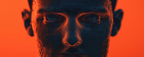 Poster - A digital face illuminated against a vibrant orange background, showcasing an intricate mesh pattern that emphasizes technology and abstraction.