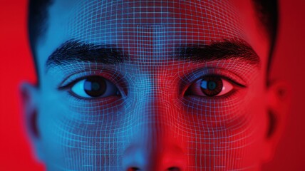 Poster - A close-up of a person's face, overlayed with intricate circuit-like patterns in red and blue, symbolizing technology and digital identity.
