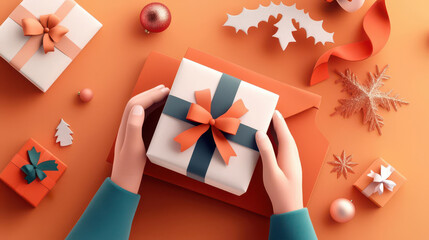 Close-up of hands wrapping Christmas gifts, festive decorations around, 3D illustration