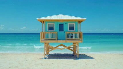 Poster - A small turquoise beach house on stilts stands on a sandy beach with blue ocean and sky in the background.