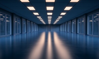 Poster - A sleek, modern corridor with blue tones, illuminated by overhead lights, showcasing a reflective floor and glass walls.