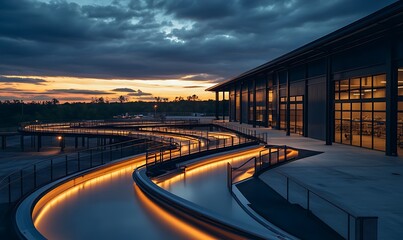 Aufkleber - A modern building by a winding water feature, illuminated by warm lights at dusk, with a dramatic sky in the background.