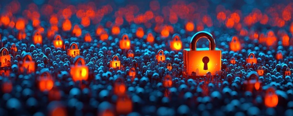 Aufkleber - A glowing padlock stands amidst a sea of illuminated locks, symbolizing security and protection in a digital landscape.
