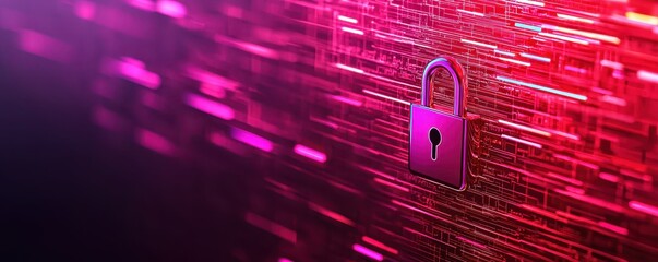 Aufkleber - A digital padlock symbolizes cybersecurity, set against a vibrant, abstract background of flowing data streams in shades of pink and purple.
