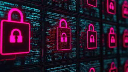 Aufkleber - A digital display featuring multiple brightly colored padlock icons against a backdrop of binary code, symbolizing cybersecurity and data protection.